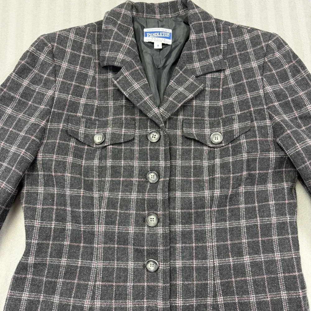VTG Pendleton Blazer Womens 8 Petite Virgin Wool Windowpane Plaid Shoulder Pads